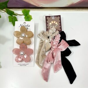 Natasha‎ Floral Hair Claws Clips & C&C Velvet Bow Scrunchies Set
